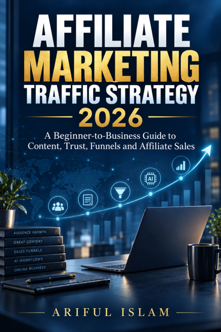 Cover of Affiliate Marketing Traffic Strategy 2026: a beginner-to-business guide to content, trust, funnels and affiliate sales, by Ariful Islam.