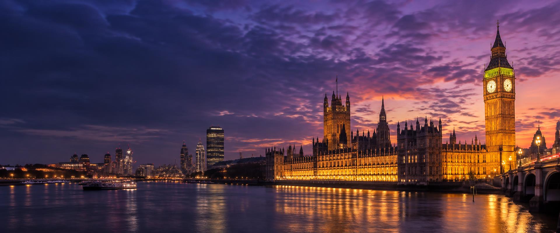 London skyline at dusk with Big Ben and the Houses of Parliament